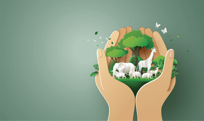 Hands Holding Forest and Wildlife Paper Cut Style