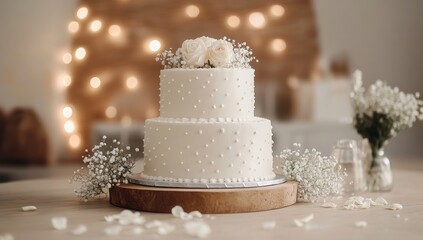 Fototapeta premium Elegant Two-Tiered Wedding Cake with White Roses and Baby's Breath