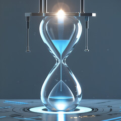 A sleek, precision-crafted, transparent glass hourglass with a futuristic, high-tech aesthetic, showcasing intricate machined details and subtle metallic accents, suspended delicately at the top of th