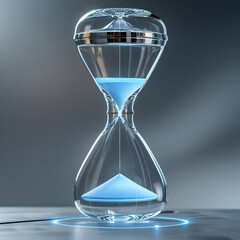 A sleek, precision-crafted, transparent glass hourglass with a futuristic, high-tech aesthetic, showcasing intricate machined details and subtle metallic accents, suspended delicately at the top of th
