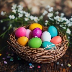 Colorful Easter eggs arranged in a decorative nest