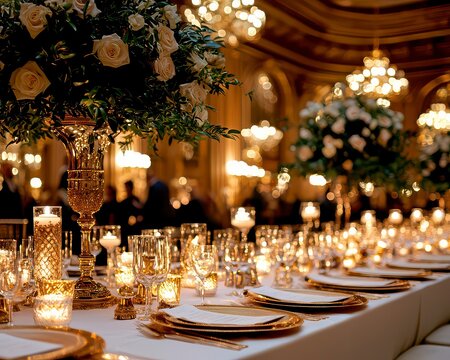Experience the splendor of a refined black-tie gala, a timeless luxury event illuminated by soft golden lighting, showcasing guests in elegant eveningwear Witness an unforgettable evening of