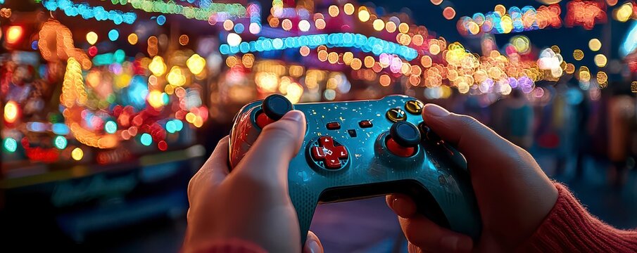Experience the thrill of the Cyber-futuristic gaming tournament, where players fiercely compete, gripping controllers with unwavering focus under the electric glow of vibrant neon lighting Witness