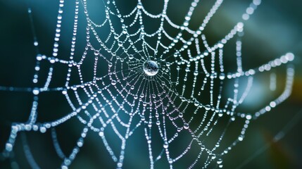 A spider web covered in water droplets glistens in the sunlight