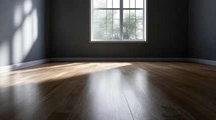 Fototapeta premium Empty room with hardwood floor and large window (1)
