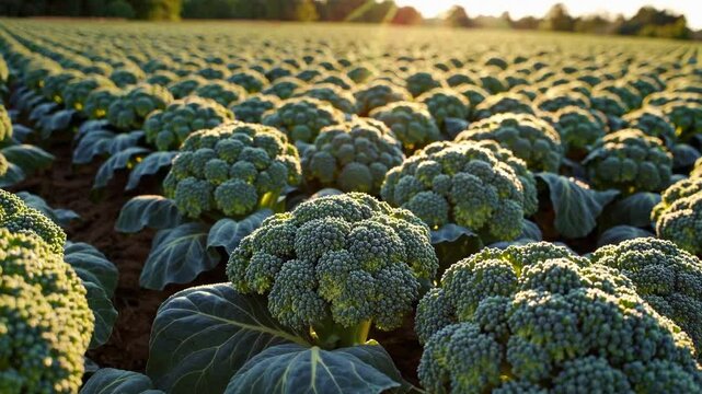 A large field of fresh broccoli plants growing in rows, bathed in warm sunlight, with healthy green florets and rich soil in a thriving agricultural environment