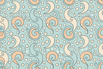Fototapeta premium Abstract seamless pattern with swirling curves and dotted elements in pastel colors, perfect for modern, playful, and dynamic design backgrounds