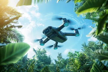 Obraz premium Futuristic Drone Flying Over Lush Forest for Smart Conservation Efforts in Nature