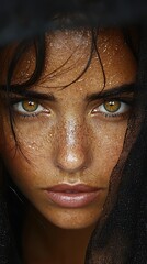 Fototapeta premium Woman's intense face, sweat, veiled