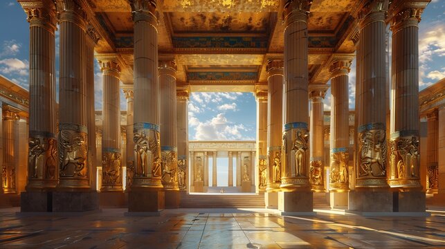 Majestic historically accurate depiction of the Apadana Palace in Persepolis featuring towering gold plated columns intricate reliefs of Persian warriors and a grand royal throne in the center