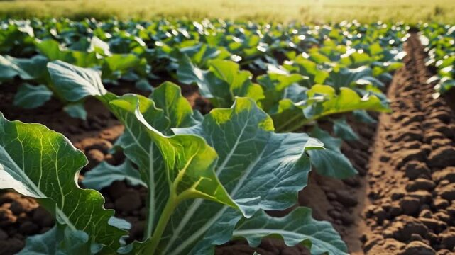 A well-maintained field of daikon radishes growing in neat rows, with white roots emerging from the rich soil, surrounded by vibrant green leaves under sunlight