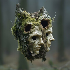 Double Face Carved Into Tree Bark