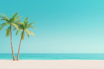 Obraz premium Serene Tropical Paradise with Pristine White Sand Beach and Palm Trees Under Clear Blue Sky