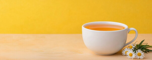 A cup of hot chamomile tea, gradient background with pastel yellow to soft green on the right, isolated minimalist style.