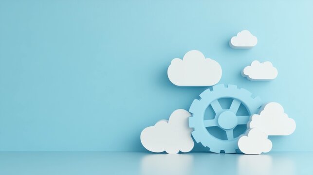 Blue backdrop with white clouds and a large gear symbolizes creativity and innovation in technology and industry, conveying concepts of teamwork and collaboration