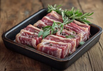 Fototapeta premium Freshly Cut Pork Belly Slices on Wooden Table Surrounded by Fresh Herbs and Spices Ready for Cooking or Grilling in a Rustic Kitchen Setting