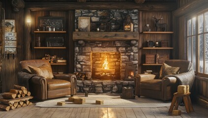 Cozy Cabin Fireplace Winter Retreat: A Rustic Interior Design