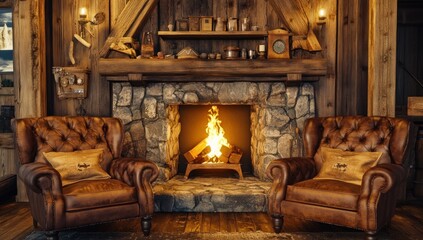 Obraz premium Cozy Cabin Fireplace: Rustic Interior Design with Leather Armchairs