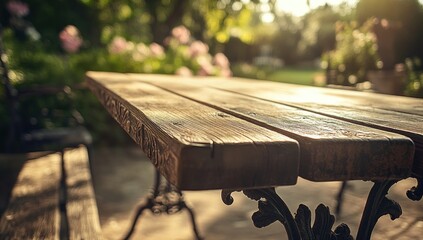 Rustic Wooden Garden Table in a Sunny Garden