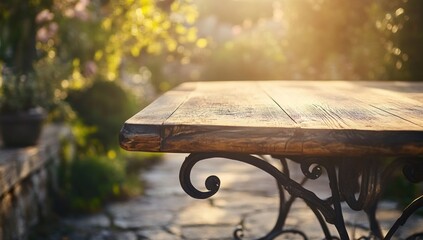 Rustic Wooden Table in a Sunlit Garden