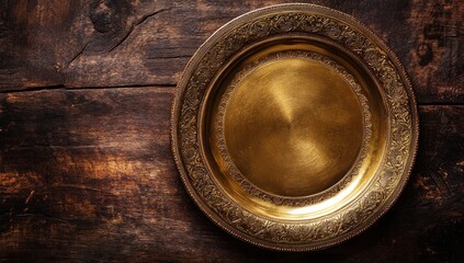 Ornate Antique Brass Plate on Rustic Wooden Table