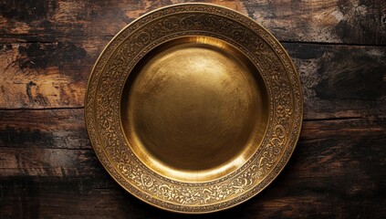 Antique Ornate Golden Plate on Rustic Wooden Background