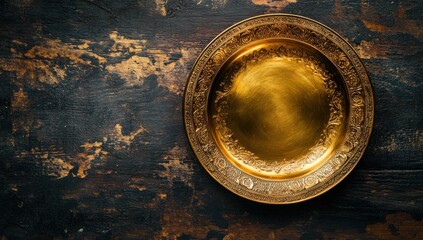 Ornate Golden Plate on Rustic Wooden Surface: A Still Life of Elegance and History