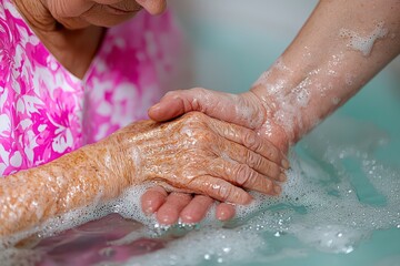 Fototapeta premium Find Solace A Touching Moment of Empathy Witness a compassionate nurse comforting a grieving elderly patient, their hands clasped tightly in a shared deep emotional moment Explore the power of human