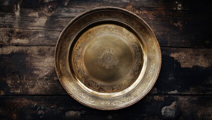 Antique Brass Plate on Rustic Wooden Background