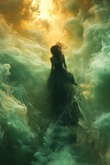 Obraz premium Woman in a dark gown amid clouds, illuminated by golden light above