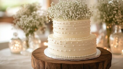Elegant Two-Tiered Wedding Cake with Baby's Breath