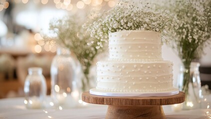 Elegant Two-Tiered Wedding Cake Adorned with Baby's Breath