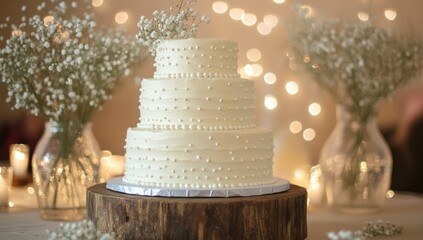 Elegant Three-Tiered Wedding Cake with Pearl Decorations