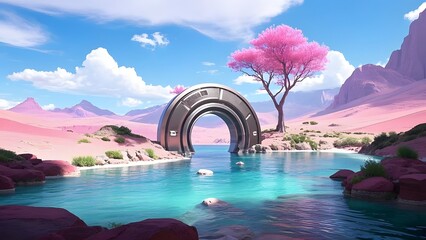 The metallic portal in the middle of the clear river that connected to the ocean that has surrounded with the bright blue cloudy sky and the pink desert with the pink tree and pink mountain