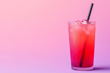A glass of iced elderberry tea, gradient background with pastel purple to light pink on the right, isolated minimalist style.