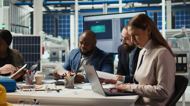 Factory manager looking over paperwork files, developing business model, expanding production. Employee reading documentation files, integrating automation technology in industrial plant, camera A