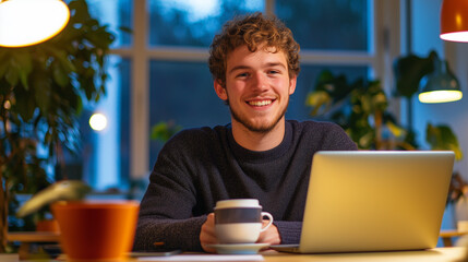 Fototapeta premium Cheerful young man enjoying coffee while working at a desk
