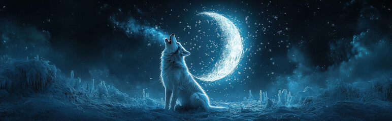 A sleek Husky howling under a floating crescent moon made of ice, the husky's breath crystallizing into tiny, hovering snowflakes