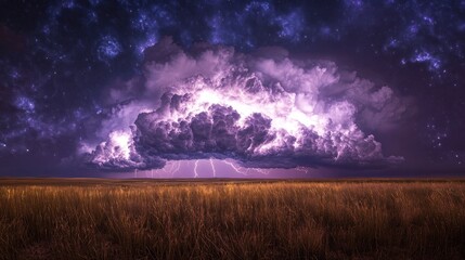 Fototapeta premium Dramatic night scene of a powerful thunderstorm over a field