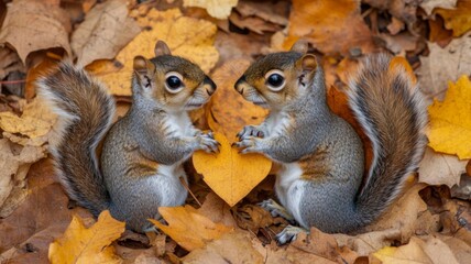 Naklejka premium Two baby squirrels share a heart shaped leaf