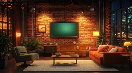 A cozy talk show set with warm lighting and a brick wall backdrop.
