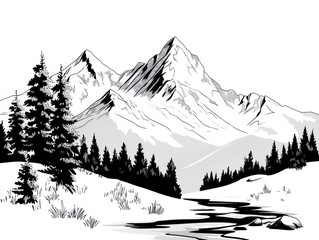 Majestic mountain range with snow-capped peaks, lush forests, and a flowing river.  A tranquil, wintery landscape