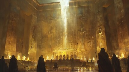Mystical spiritual scene of Egyptian priests reciting the Book of the Dead standing before a sacred altar with golden statues of Osiris and glowing torches illuminating the hieroglyph covered walls