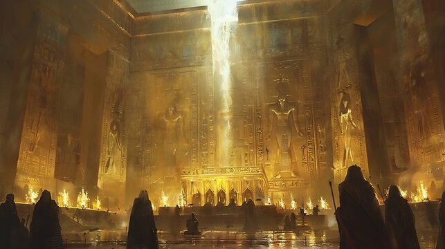 Mystical spiritual scene of Egyptian priests reciting the Book of the Dead standing before a sacred altar with golden statues of Osiris and glowing torches illuminating the hieroglyph covered walls