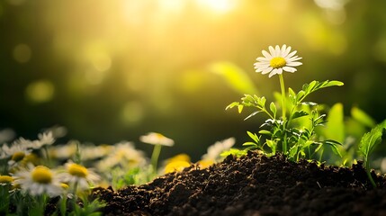 A vibrant green sapling grows amidst blooming wildflowers, symbolizing hope and renewal for Earth Day