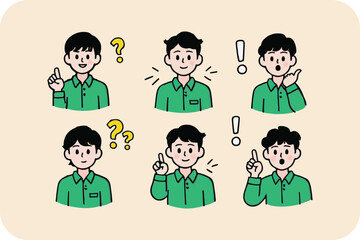 Expressive Cartoon Character: Question Marks, Exclamation Points, and Gestures
