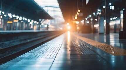Modern train station interior with soft lighting and an empty platform, evoking a sense of calm and anticipation