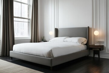 A modern bedroom showcasing a bed with white linens and decor
