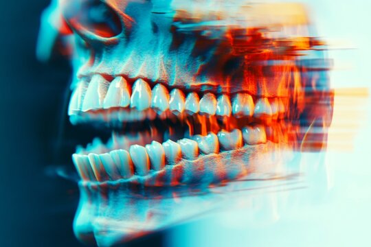 Teeth crumbling - nightmares, bad dreams: abstract image of well-being. Sleep deprivation effect. Metaphorical teeth crumbling awareness of fear and despair. Dream hallucinations. Night terro.