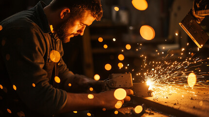 Factory Worker Cutting Metal with Grinder in Dim Lighting